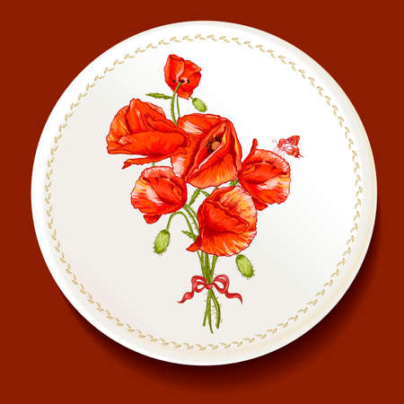 Beautiful bouquet of red poppy on a white plateのイラスト素材