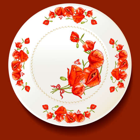 Beautiful bouquet of red poppy on a white plateのイラスト素材