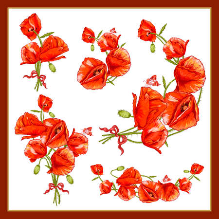 Set of a Beautiful Bouquet Red Poppy のイラスト素材