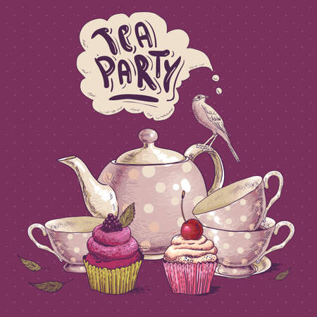 Tea party invitation card with a Cupcake and Pot のイラスト素材