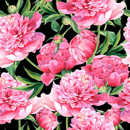 Seamless watercolor background with pink peoniesの写真素材