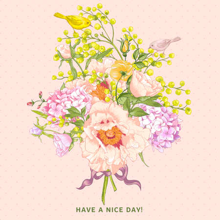 Spring Floral Bouquet with Birds, Greeting Cardのイラスト素材