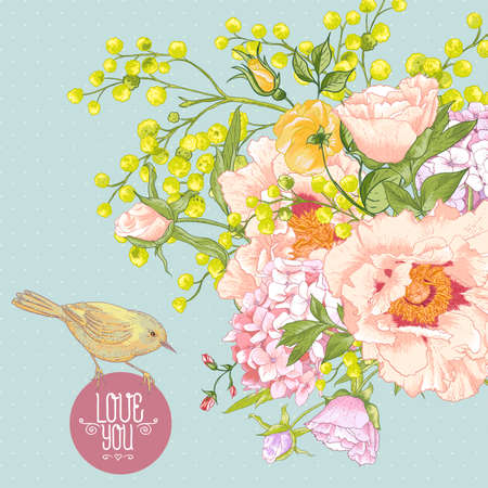 Spring Floral Bouquet with Birds, Greeting Cardのイラスト素材
