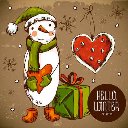 Christmas Greeting Card with snowmanのイラスト素材
