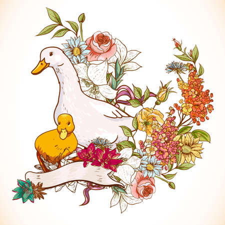 Cute background with ducks and flowersのイラスト素材