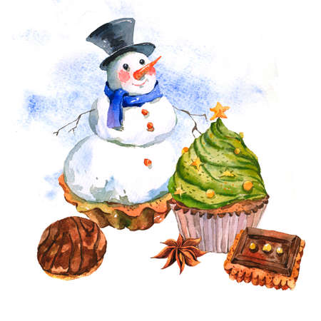 New Year Card with Snowman Cupcakesの写真素材
