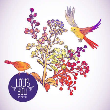Floral Greeting Card with Birds and Branchesのイラスト素材