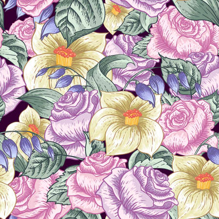Gentle Spring Seamless Floral Botanical Pattern with Roses and Wildflowersのイラスト素材