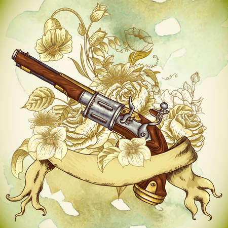 Vintage card with a gun and flowersのイラスト素材