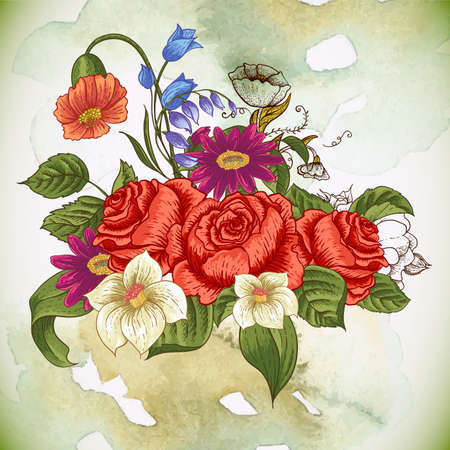 Vintage floral card with roses and wild flowersのイラスト素材
