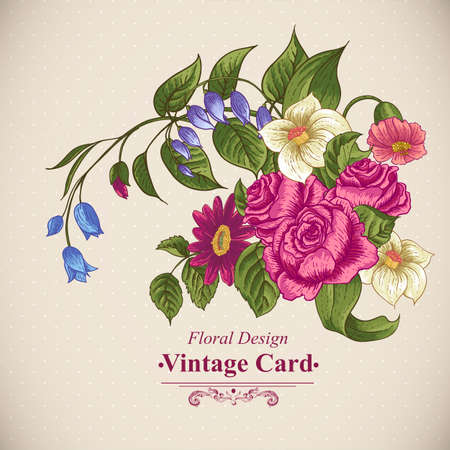 Vintage floral card with roses and wild flowersのイラスト素材