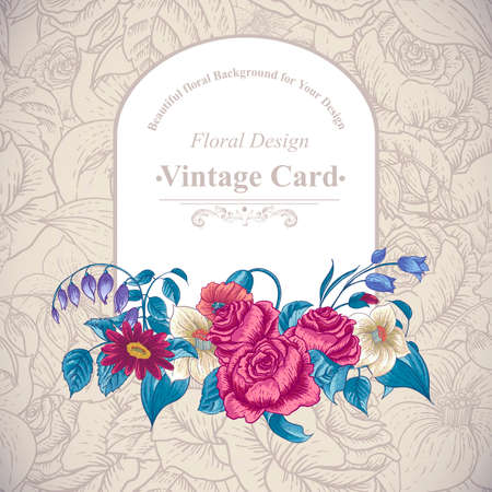 Vintage floral card with roses and wild flowers, vector illustrationのイラスト素材