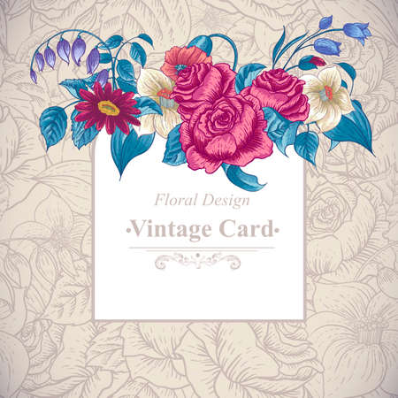 Vintage floral card with roses and wild flowersのイラスト素材