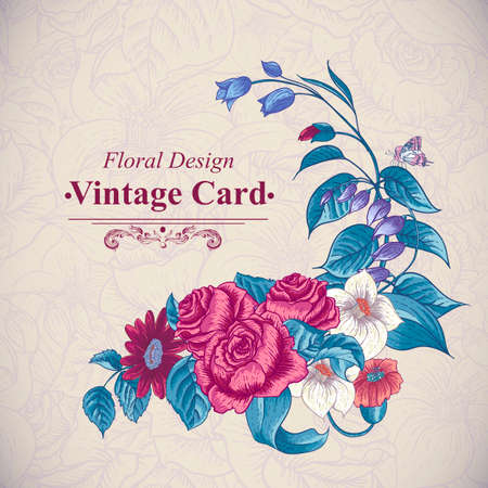 Vintage floral card with roses and wild flowersのイラスト素材