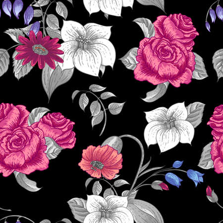 Seamless Floral Pattern with Roses and Wildflowersのイラスト素材