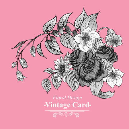 Vintage floral card with roses and wild flowersのイラスト素材