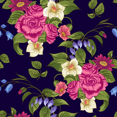 Seamless Floral Pattern with Roses and Wildflowersのイラスト素材