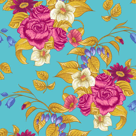 Seamless Floral Pattern with Roses and Wildflowersのイラスト素材