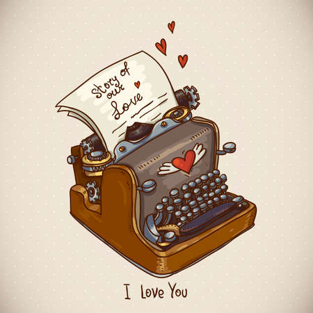 Doodle Vintage Greeting Card with Retro Typewriterのイラスト素材