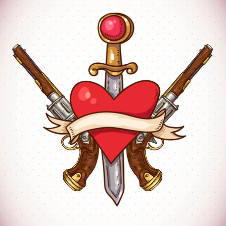 Greeting Card with a sword, heart, gun and ribbonのイラスト素材