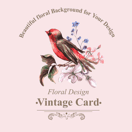 Vintage Floral Card with Bird on Branchのイラスト素材