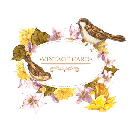 Floral Retro Card with Bird Sparrowsのイラスト素材