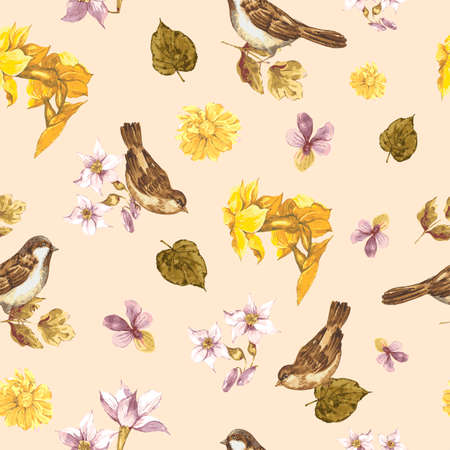 Floral Vintage Seamless Watercolor Background with Sparrows, Watercolor Vector Illustration.のイラスト素材