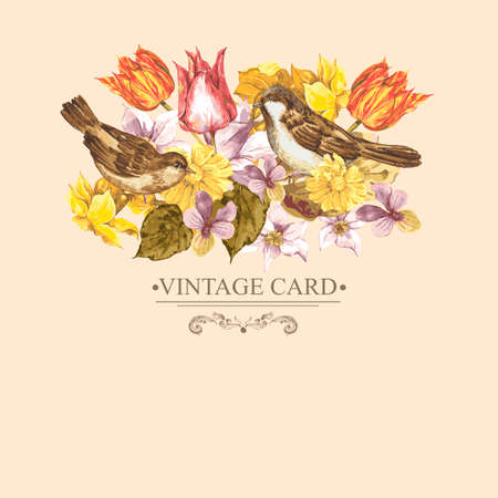 Spring Floral Retro Card with Bird Sparrowsのイラスト素材