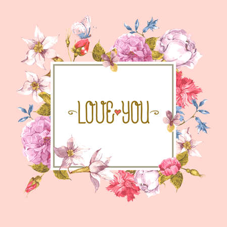 Watercolor Greeting Card with Blooming Flowersのイラスト素材