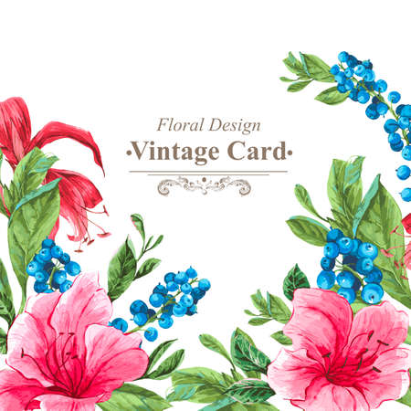 Invitation Vintage Card with Blueberries, Pink Tropical Flowers and Leaves, Watercolor Vector Illustration.のイラスト素材
