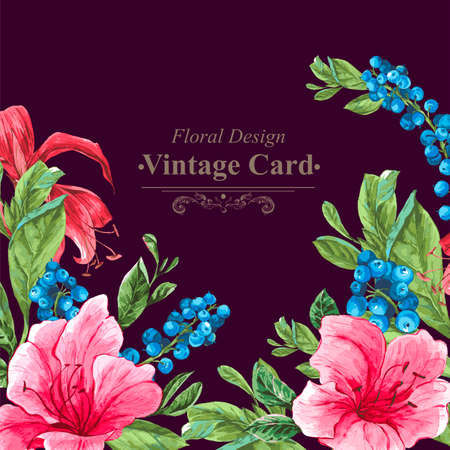 Invitation Vintage Card with Blueberries, Pink Tropical Flowers and Leaves, Watercolor Vector Illustration.のイラスト素材