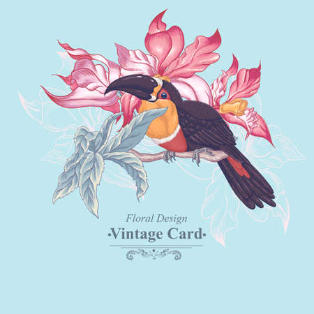 Floral Vector Vintage Card with Exotic Flowers and Toucan. Vector Design element.のイラスト素材