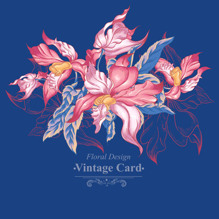 Floral Vector Vintage Card with Exotic Flowers. Vector Design element.のイラスト素材