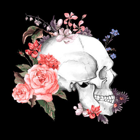Roses and Skull, Day of The Dead, Vintage Vector illustrationのイラスト素材