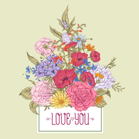 Gentle Retro Summer Floral Greeting Card, Vintage Bouquet, Vector illustration. Roses Poppies Bluebells Peony Lilyのイラスト素材
