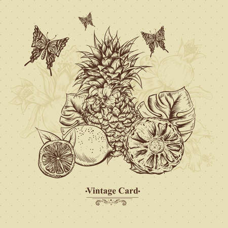 Vintage Greeting Card Tropical Fruit, Flowers, Butterfly, Vector Illustration. Pineapple and Lemonsのイラスト素材