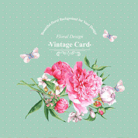 Vintage Watercolor Greeting Card with Blooming Flowers and Butterflies. Roses, Wildflowers and Peonies, Vector Illustrationのイラスト素材