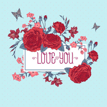 Beautiful Victorian Roses in Vintage Style for Invitation Cards, Summer Bouquet with Butterflies, Botanical Vector illustrationのイラスト素材