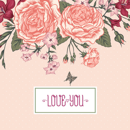 Beautiful Victorian Roses in Vintage Style for Invitation Cards, Summer Bouquet with Butterflies, Botanical Vector illustrationのイラスト素材