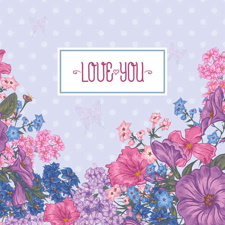 Beautiful Spring and Summer Floral Bouquet for Invitation Cards with Butterflies, Botanical Vector illustration on Polka Dot Backgroundのイラスト素材