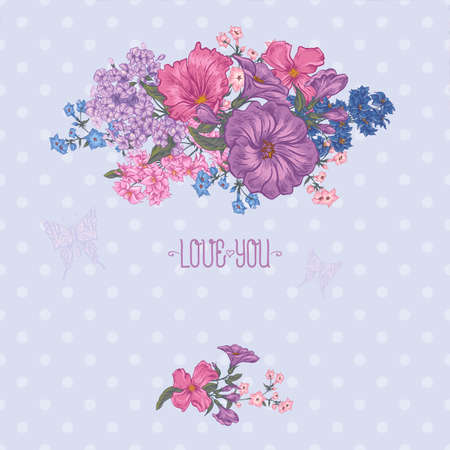 Beautiful Spring and Summer Floral Bouquet for Invitation Cards with Butterflies, Botanical Vector illustration on Polka Dot Backgroundのイラスト素材