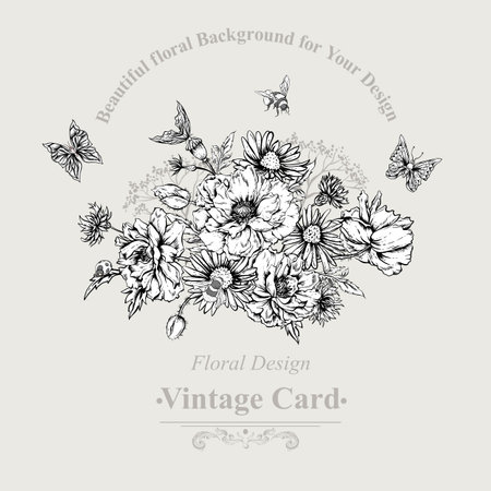 Summer Monochrome Vintage Greeting Card with Blooming Poppies Cornflowers Ladybird and Bumblebee Bee and Butterflies with Place for Your Text. Vector Shabby Illustrationのイラスト素材