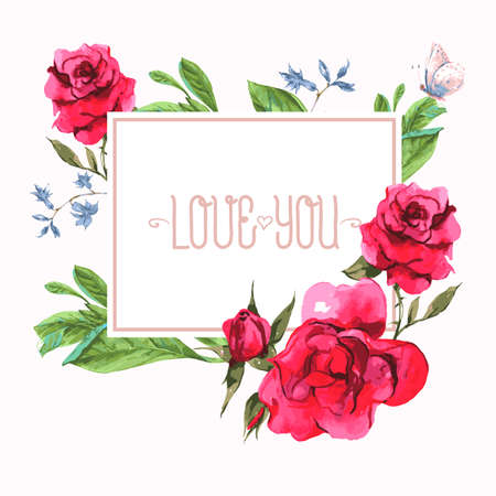 Watercolor Invitation Vintage Card with Blooming Red Roses, Vector Illustration on a White Backgroundのイラスト素材