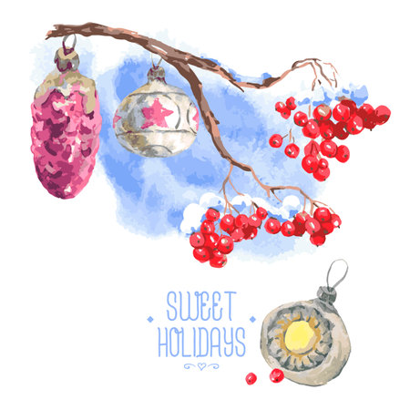 Watercolor vintage invitation card with Christmas balls and snow-covered twig rowan, vector watercolor illustration.のイラスト素材