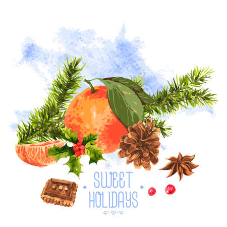 Watercolor Christmas vintage invitation card with fir branches, cones, chocolate cookies and tangerines,vector watercolor illustration.のイラスト素材