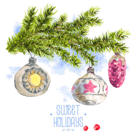 Watercolor Christmas vintage invitation card with fir branches, cones and vintage Christmas balls, vector watercolor illustration.のイラスト素材