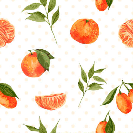 Seamless watercolor background with oranges and tangerines, vector watercolor illustration.のイラスト素材