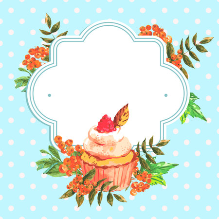 Vintage invitation card with watercolor cupcakes and flowers with polka dots, vector watercolor illustration.のイラスト素材
