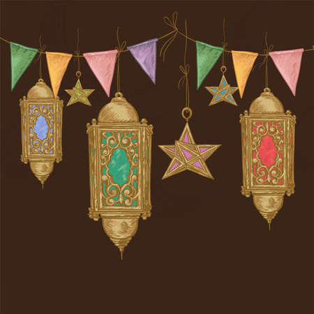 Traditional greeting card with arabic  lantern and stars, Ramadan Kareem hand drawn vector illustrationのイラスト素材