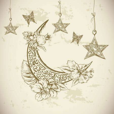 Traditional greeting card with arabic  lantern, flowers and stars, Ramadan Kareem hand drawn vector illustrationのイラスト素材